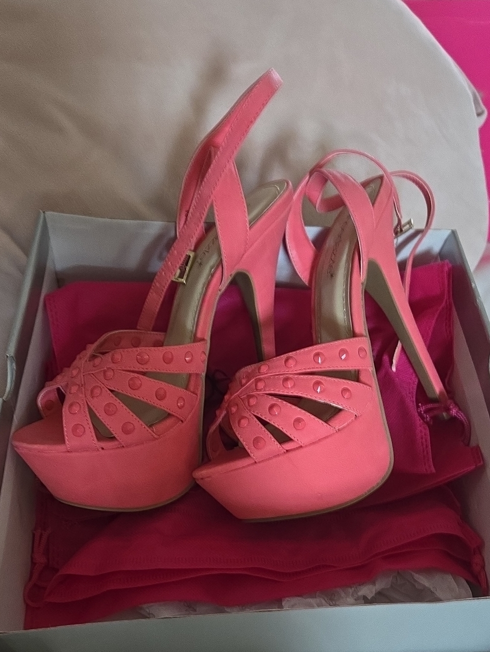 Shoe Dazzle Coral Pink Platform Slingback Heels with Stud Details